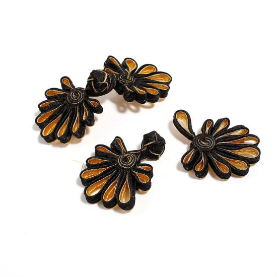 Picture of Satin Chinese Frog Buttons Chrysanthemum Flower Golden Coffee 45mm(1 6/8") x 35mm(1 3/8"), 1 Pair