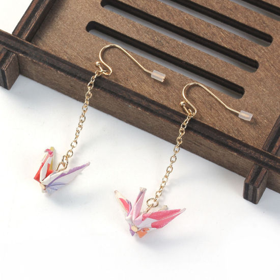 Picture of Earrings Gold Plated Chain Multicolor Origami Crane 58mm(2 2/8") x 30mm(1 1/8"), Post/ Wire Size: (21 gauge), 1 Piece