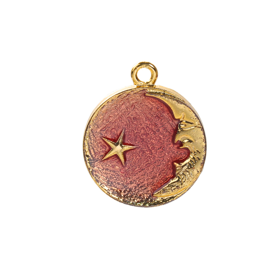 Bild von Zinklegierung Charms Halbmond Vergoldet Rot Stern Emaille 27mm x 23mm, 10 Stück
