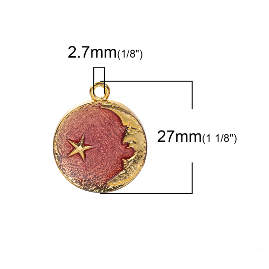 Bild von Zinklegierung Charms Halbmond Vergoldet Rot Stern Emaille 27mm x 23mm, 10 Stück
