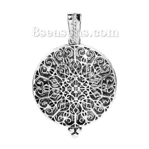 Picture of Copper Aromatherapy Essential Oil Diffuser Locket Pendants Round Antique Silver Color Filigree Carved Cabochon Settings (Fits 29mm Dia.) Can Open 53mm(2 1/8") x 35mm(1 3/8"), 1 Piece