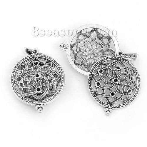 Picture of Copper Aromatherapy Essential Oil Diffuser Locket Pendants Round Antique Silver Color Filigree Carved Cabochon Settings (Fits 29mm Dia.) Can Open 52mm(2") x 35mm(1 3/8"), 1 Piece