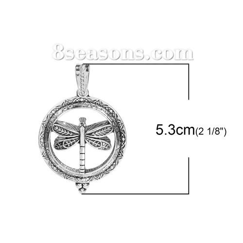 Picture of Copper Aromatherapy Essential Oil Diffuser Locket Pendants Round Antique Silver Color Dragonfly Carved Cabochon Settings (Fits 29mm Dia.) Can Open 53mm(2 1/8") x 35mm(1 3/8"), 1 Piece