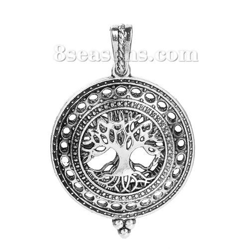 Picture of Copper Aromatherapy Essential Oil Diffuser Locket Pendants Round Antique Silver Color Tree Carved Cabochon Settings (Fits 29mm Dia.) Can Open 53mm(2 1/8") x 35mm(1 3/8"), 1 Piece