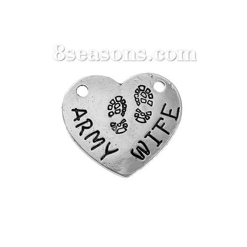 Picture of Zinc Based Alloy Connectors Heart Antique Silver Color Message " ARMY WIFE " 24mm x 21mm, 10 PCs