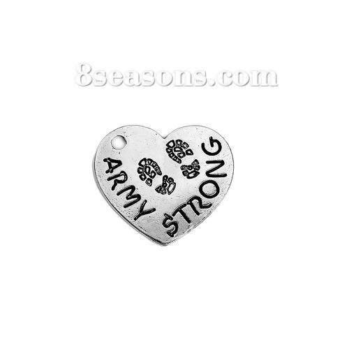 Picture of Zinc Based Alloy Charms Heart Antique Silver Color Footprint Message " ARMY STRONG " 25mm(1") x 21mm( 7/8"), 10 PCs