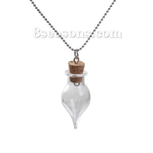 Picture of Glass Necklace Silver Tone Transparent Clear Wish Bottle Drop 42.5cm(16 6/8") long, 1 Piece