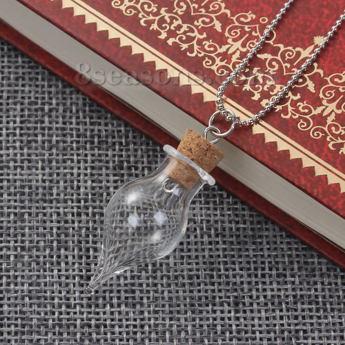Picture of Glass Necklace Silver Tone Transparent Clear Wish Bottle Drop 42.5cm(16 6/8") long, 1 Piece