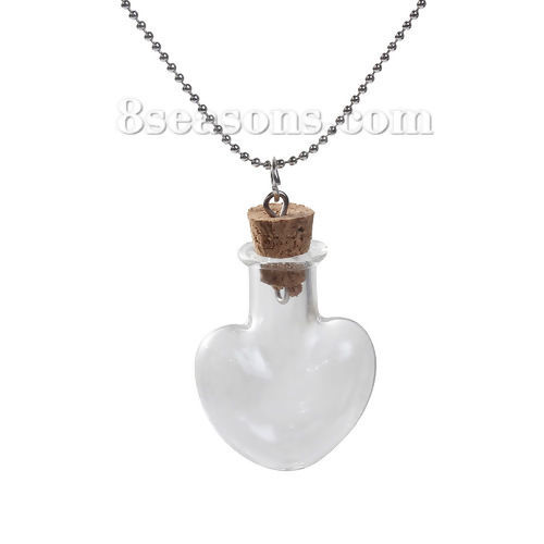 Bild von Glas Halskette Silberfarbe Transparent Wunschflasche Herz 42.5cm lang, 1 Strang