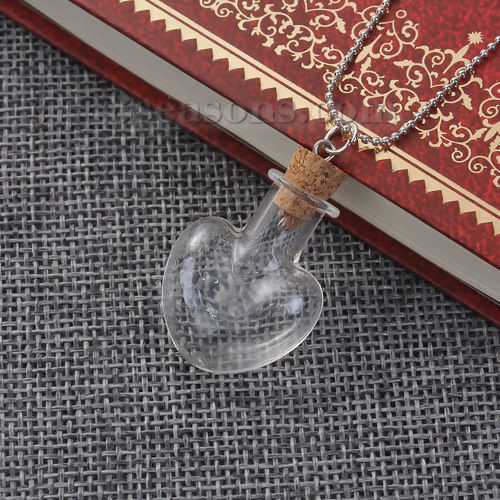 Bild von Glas Halskette Silberfarbe Transparent Wunschflasche Herz 42.5cm lang, 1 Strang