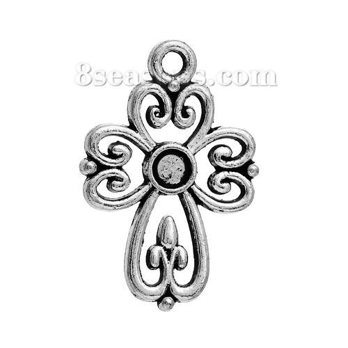 Picture of Zinc Based Alloy Charms Cross Antique Silver Color Filigree Carved Cabochon Settings (Fits 3mm Dia.) 22mm x 14mm, 50 PCs