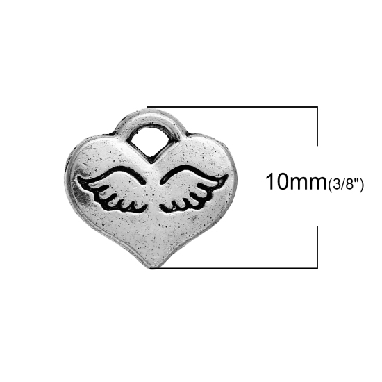 Picture of Zinc Based Alloy Charms Heart Antique Silver Color Wing 10mm( 3/8") x 9mm( 3/8"), 100 PCs
