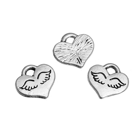 Picture of Zinc Based Alloy Charms Heart Antique Silver Color Wing 10mm( 3/8") x 9mm( 3/8"), 100 PCs