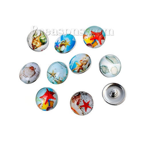 Picture of 18mm Zinc Based Alloy & Glass Snap Button Buttons Fit Snap Button Bracelets Round At Random Shell, Knob Size: 5.5mm( 2/8"), 5 PCs