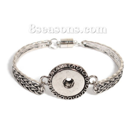 Snap Button Bangles Bracelets Fit 18mm/20mm Snap Buttons Antique Silver Color Braided Round 20.5cm(8 1/8") long, Hole Size: 6mm( 2/8"), 1 Piece