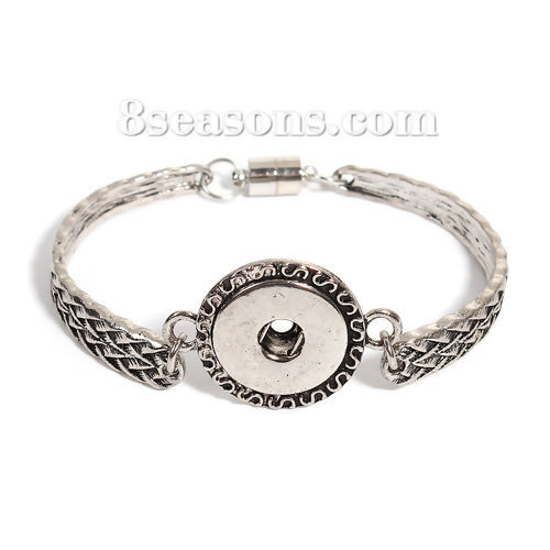 Picture of Snap Button Bangles Bracelets Fit 18mm/20mm Snap Buttons Antique Silver Color Braided Round 20.5cm(8 1/8") long, Hole Size: 6mm( 2/8"), 1 Piece