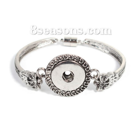 Snap Button Bangles Bracelets Fit 18mm/20mm Snap Buttons Antique Silver Color Owl Animal Round 21cm(8 2/8") long, Hole Size: 6mm( 2/8"), 1 Piece