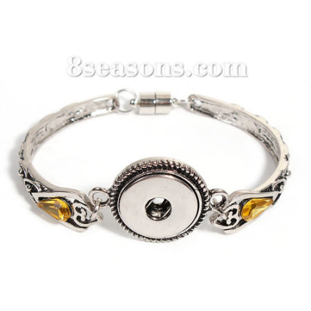Snap Button Bangles Bracelets Fit 18mm/20mm Snap Buttons Antique Silver Color Round Yellow Rhinestone 22cm(8 5/8") long, Hole Size: 6mm( 2/8"), 1 Piece