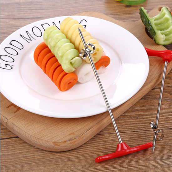 Picture of Spiral Knife Manual Vegetables Chopper Screw Slicer Cutter Fruit Tools Kitchen Gadgets Silver Tone Red 16cm(6 2/8") x 7cm(2 6/8"), 1 Piece