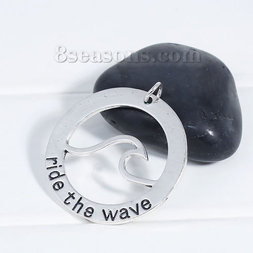 Picture of Zinc Based Alloy Pendants Wave Antique Silver Color Round Message " ride the wave " 40mm(1 5/8") x 36mm(1 3/8"), 3 PCs