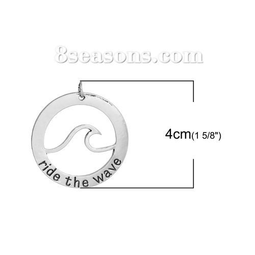 Picture of Zinc Based Alloy Pendants Wave Antique Silver Color Round Message " ride the wave " 40mm(1 5/8") x 36mm(1 3/8"), 3 PCs