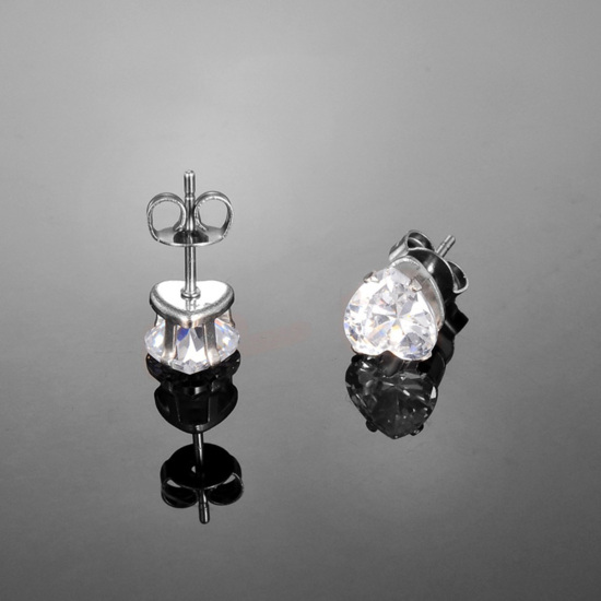 Picture of 304 Stainless Steel & Cubic Zirconia Ear Post Stud Earrings Silver Tone Transparent Clear Round 5mm( 2/8") x 4mm( 1/8"), Post/ Wire Size: (20 gauge), 1 Pair