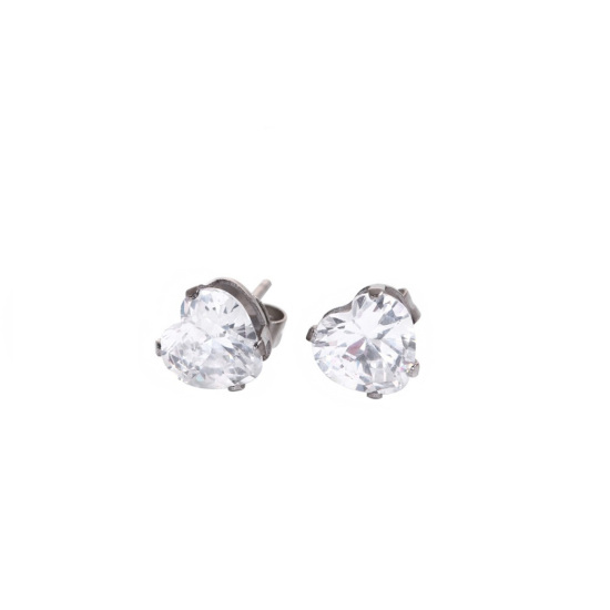 Picture of 304 Stainless Steel & Cubic Zirconia Ear Post Stud Earrings Silver Tone Transparent Clear Round 5mm( 2/8") x 4mm( 1/8"), Post/ Wire Size: (20 gauge), 1 Pair