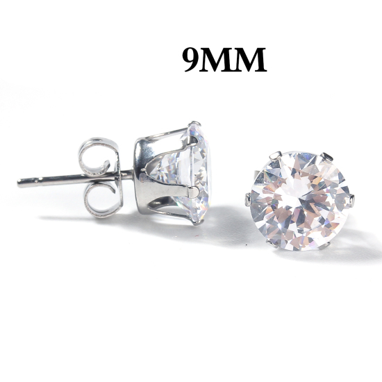 Imagen de 304 Acero Inoxidable & Circón Artificial Pendientes Tono de Plata Transparente Ronda 10mm x 9mm, Post/ Wire Size: (20 gauge), 1 Par