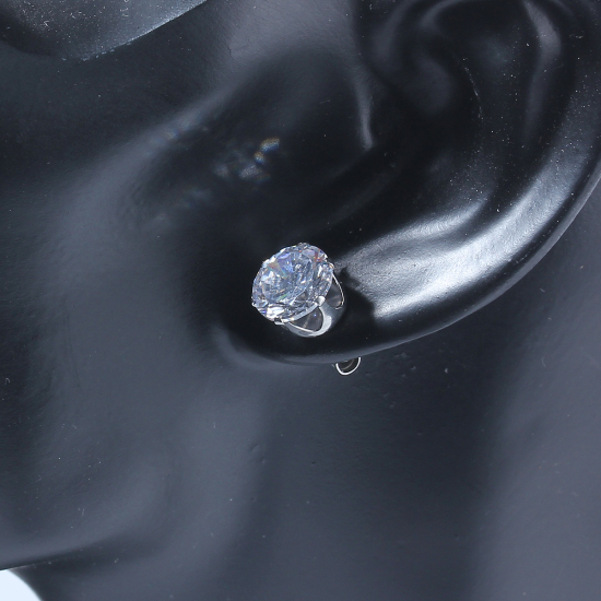 Imagen de 304 Acero Inoxidable & Circón Artificial Pendientes Tono de Plata Transparente Ronda 10mm x 9mm, Post/ Wire Size: (20 gauge), 1 Par