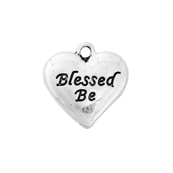 Bild von Zinklegierung Charms Herz Antiksilber Message " Blessed Be " 19mm x 18mm, 10 Stück