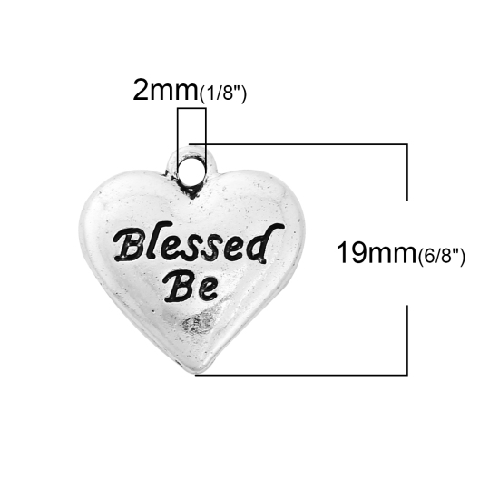 Bild von Zinklegierung Charms Herz Antiksilber Message " Blessed Be " 19mm x 18mm, 10 Stück