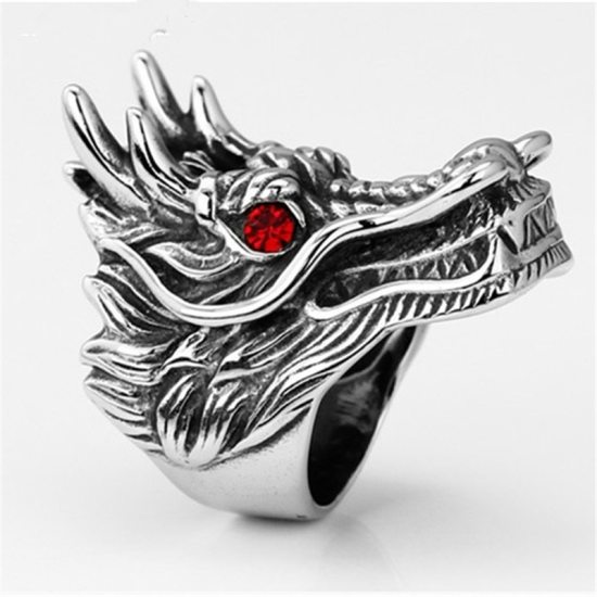 Picture of Stainless Steel Unadjustable Rings Antique Silver Color Dragon Red Rhinestone 19.1mm(US Size 9.25), 1 Piece