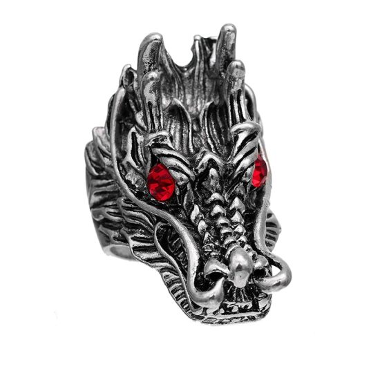 Picture of Stainless Steel Unadjustable Rings Antique Silver Color Dragon Red Rhinestone 19.1mm(US Size 9.25), 1 Piece