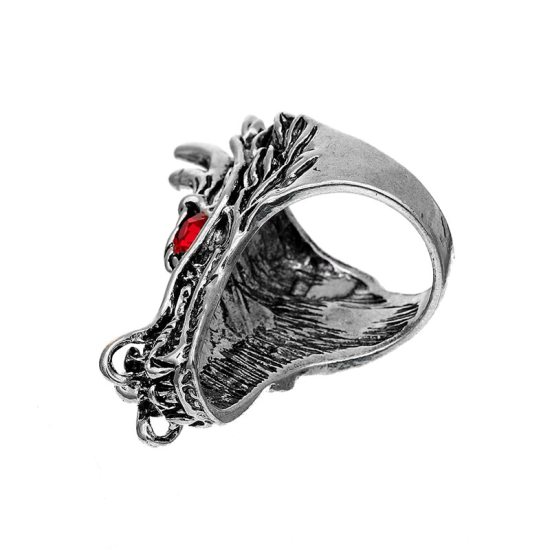 Picture of Stainless Steel Unadjustable Rings Antique Silver Color Dragon Red Rhinestone 19.1mm(US Size 9.25), 1 Piece