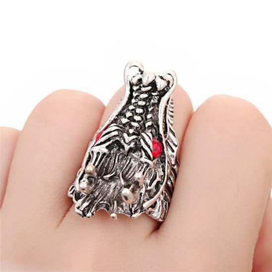 Picture of Stainless Steel Unadjustable Rings Antique Silver Color Dragon Red Rhinestone 19.1mm(US Size 9.25), 1 Piece