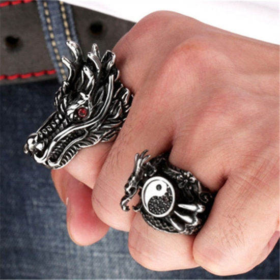 Picture of Stainless Steel Unadjustable Rings Antique Silver Color Dragon Red Rhinestone 19.1mm(US Size 9.25), 1 Piece