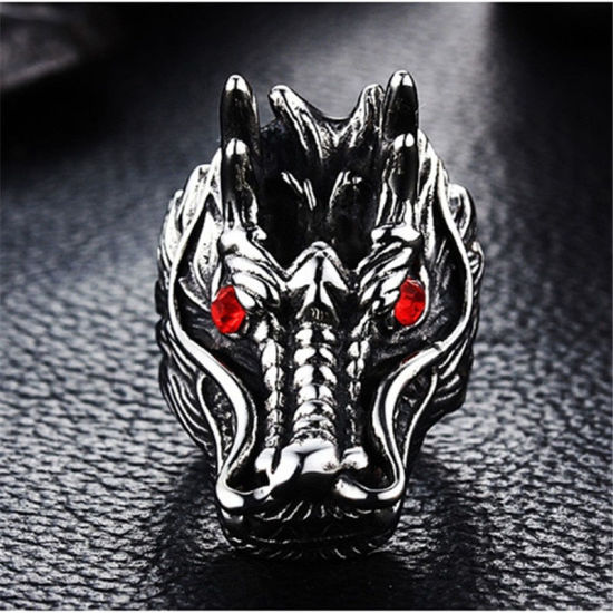 Picture of Stainless Steel Unadjustable Rings Antique Silver Color Dragon Red Rhinestone 19.1mm(US Size 9.25), 1 Piece