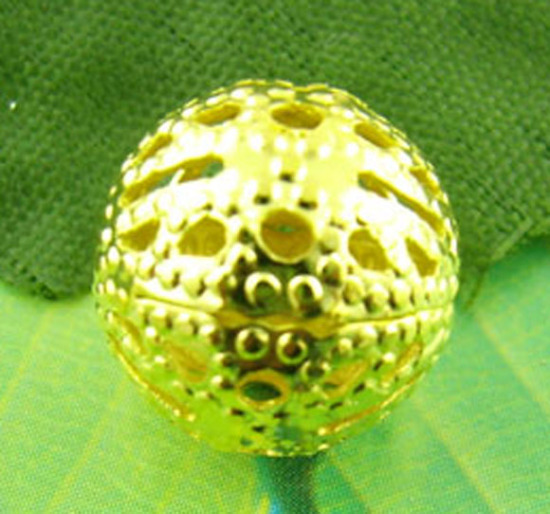 Picture of Alloy Filigree Spacer Beads Ball Gold Plated Hollow About 12mm Dia, Hole:Approx 1.5mm, 50 PCs
