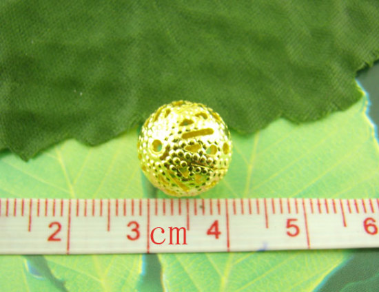 Picture of Alloy Filigree Spacer Beads Ball Gold Plated Hollow About 12mm Dia, Hole:Approx 1.5mm, 50 PCs