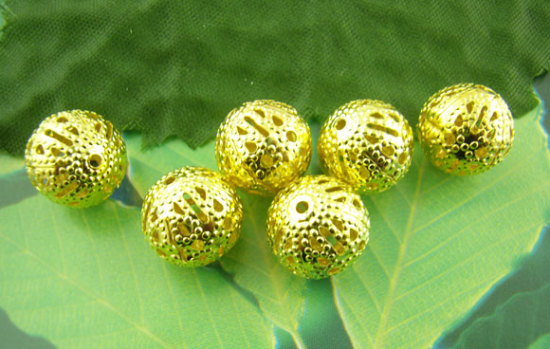 Picture of Alloy Filigree Spacer Beads Ball Gold Plated Hollow About 12mm Dia, Hole:Approx 1.5mm, 50 PCs