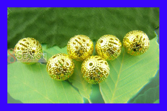 Picture of Alloy Filigree Spacer Beads Ball Gold Plated Hollow About 12mm Dia, Hole:Approx 1.5mm, 50 PCs