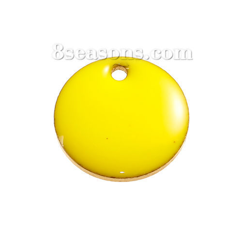 Picture of Brass Enamelled Sequins Charms Round Disc Unplated Yellow Enamel 12mm( 4/8") Dia, 10 PCs