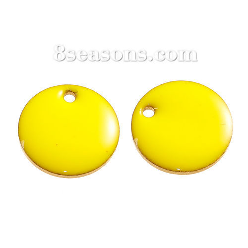 Picture of Brass Enamelled Sequins Charms Round Disc Unplated Yellow Enamel 12mm( 4/8") Dia, 10 PCs