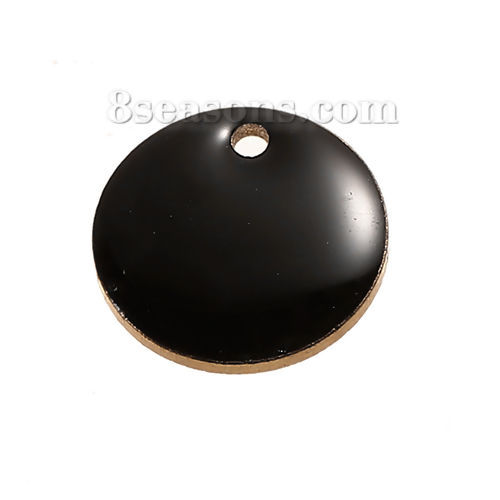 Picture of Brass Enamelled Sequins Charms Round Unplated Black Enamel 12mm( 4/8") Dia, 10 PCs                                                                                                                                                                            
