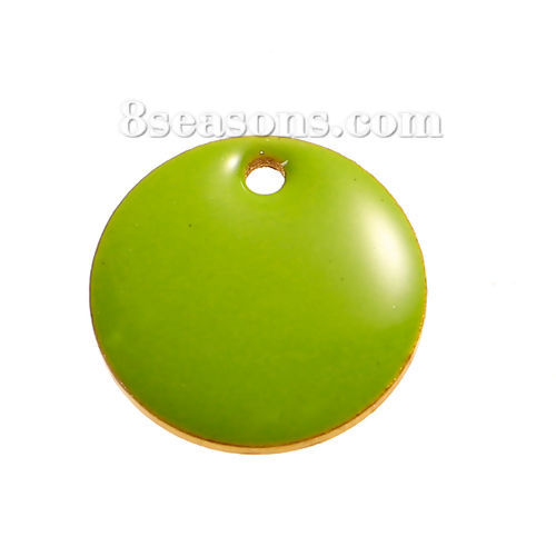 Picture of Brass Enamelled Sequins Charms Round Disc Unplated Green Enamel 12mm( 4/8") Dia, 10 PCs