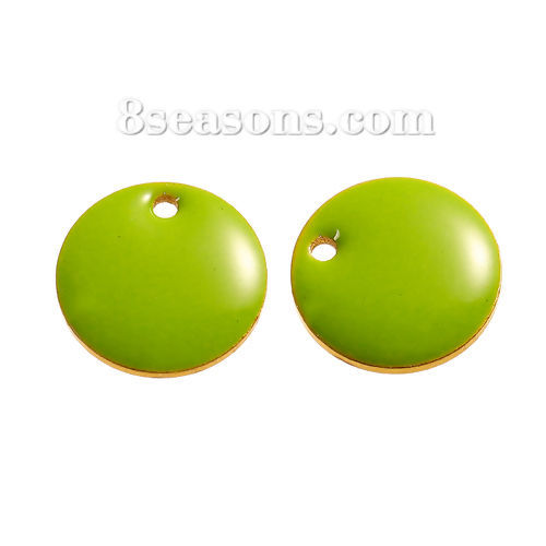 Picture of Brass Enamelled Sequins Charms Round Disc Unplated Green Enamel 12mm( 4/8") Dia, 10 PCs