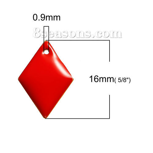 Picture of Brass Enamelled Sequins Charms Rhombus Unplated Red Enamel 16mm( 5/8") x 11mm( 3/8"), 10 PCs