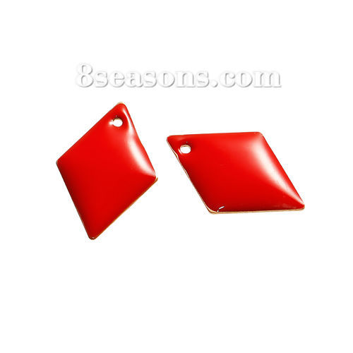 Picture of Brass Enamelled Sequins Charms Rhombus Unplated Red Enamel 16mm( 5/8") x 11mm( 3/8"), 10 PCs