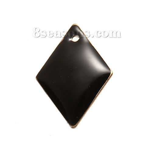 Picture of Brass Enamelled Sequins Charms Rhombus Unplated Black Enamel 16mm( 5/8") x 11mm( 3/8"), 10 PCs                                                                                                                                                                
