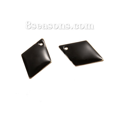 Picture of Brass Enamelled Sequins Charms Rhombus Unplated Black Enamel 16mm( 5/8") x 11mm( 3/8"), 10 PCs